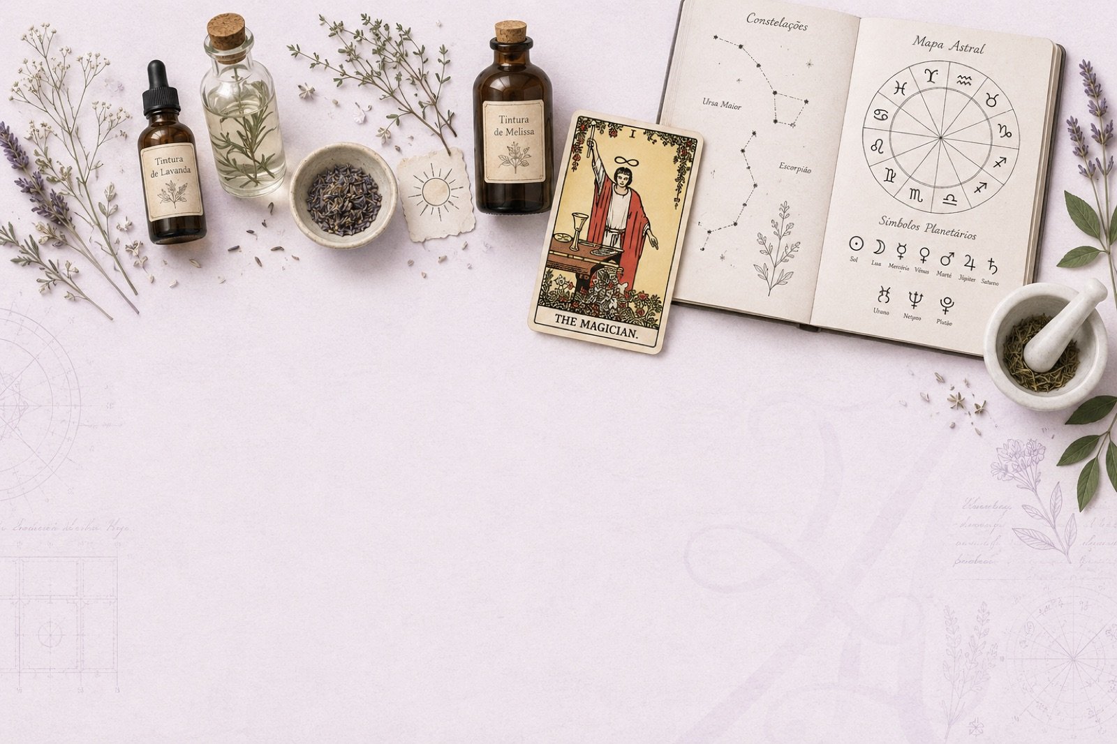 Mesa de trabalho com tinturas, ervas, carta de tarô O Mago e mapa astral