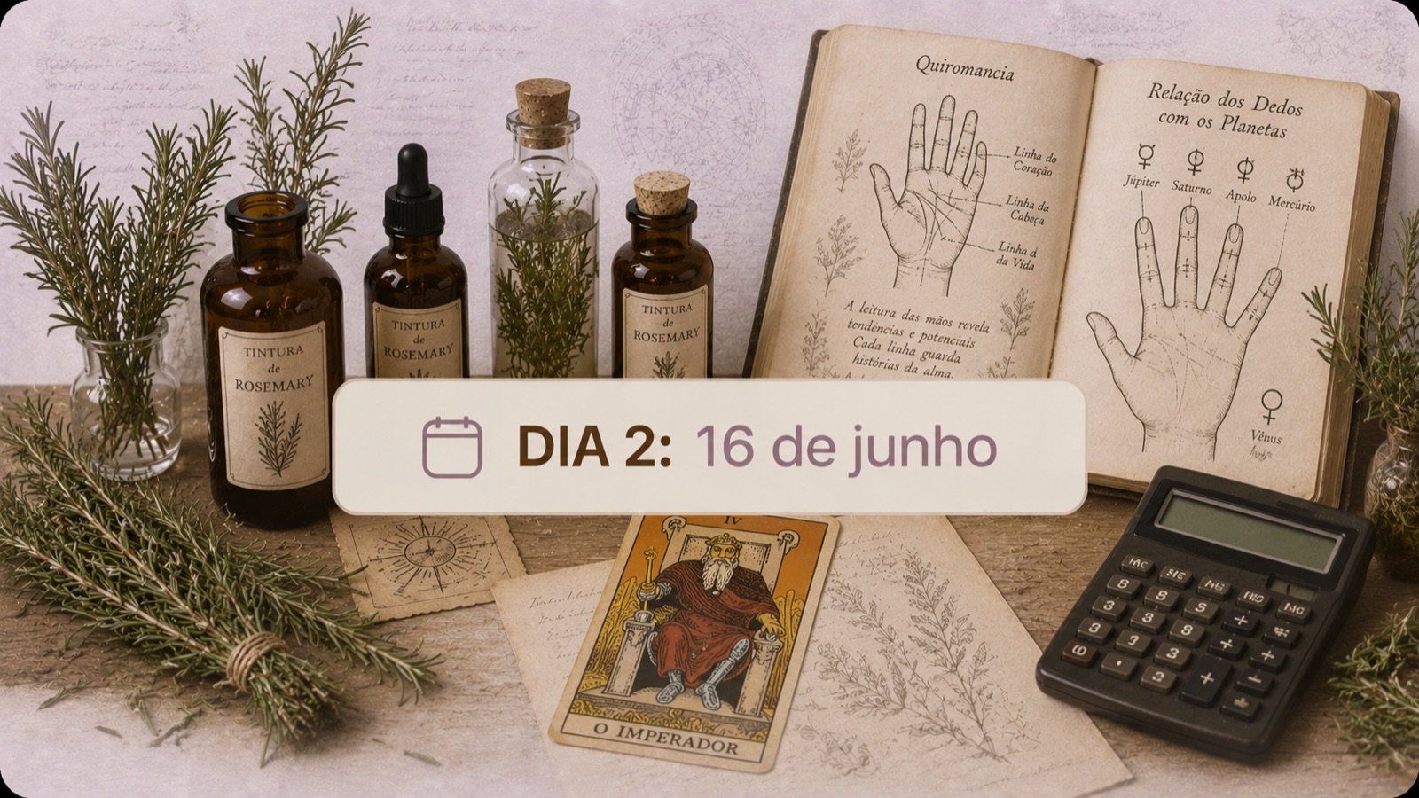 Dia 2 · 16 de junho · alecrim, quiromancia e a carta O Imperador